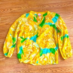 Lilly Pulitzer 100% Silk Elsa Silk Blouse Yellow Roses